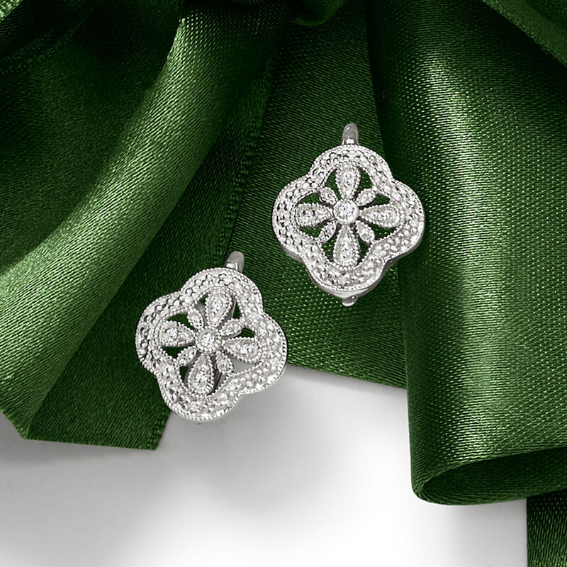 Openwork Clover Drop Earrings with Diamonds in Sterling Silver image number 5
