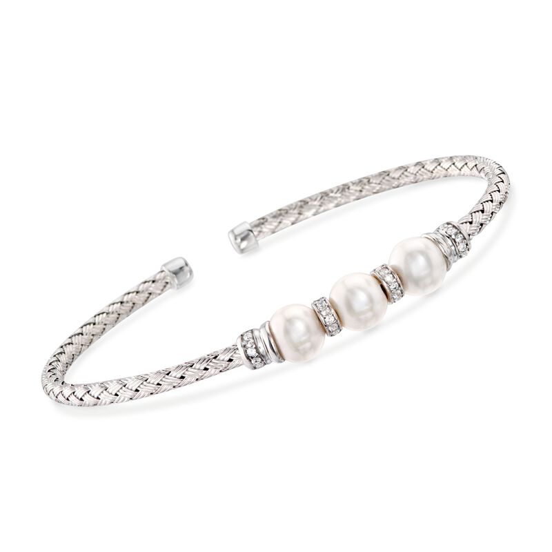 Charles Garnier &quot;Gianna&quot; 7-7.5mm Cultured Pearl and .30 ct. t.w. CZ Cuff Bracelet in Sterling Silver. 7&quot; image number 0