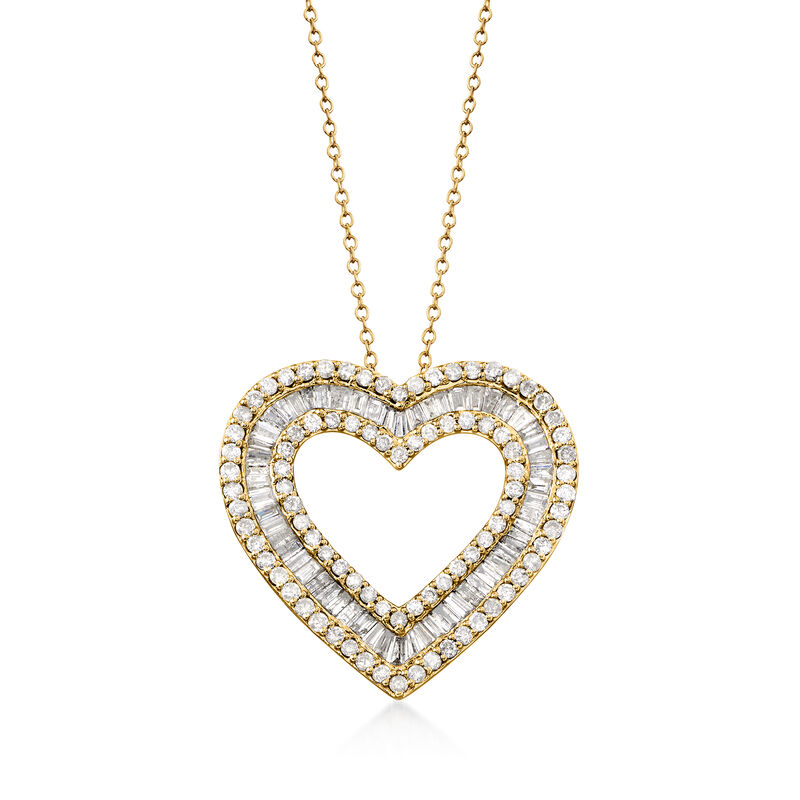 3.00 ct. t.w. Baguette and Round Diamond Heart Pendant Necklace in 18kt Gold Over Sterling image number 0