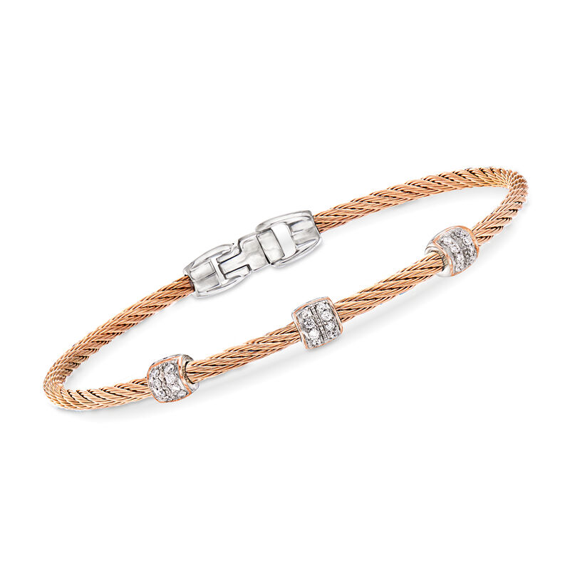 ALOR &quot;Classique&quot; .21 ct. t.w. Diamond Blush Stainless Steel Cable Station Bracelet with 18kt Rose Gold. 7&quot; image number 0