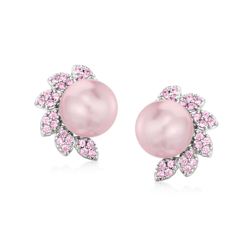 9-10mm Pink Cultured Pearl Flower Earrings with .40 ct. t.w. Pink Sapphires in Sterling Silver  image number 0