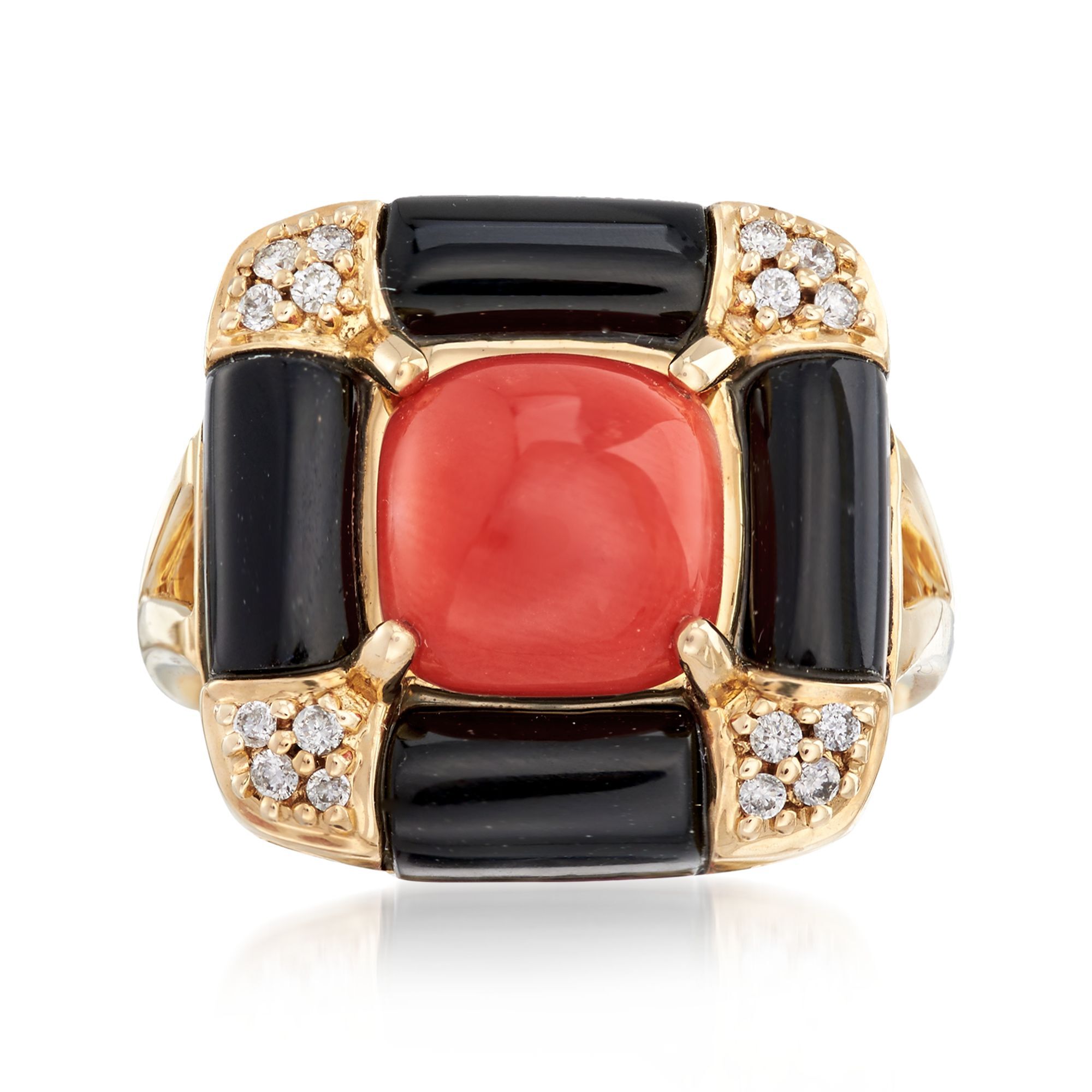 Red Coral and Black Onyx Ring with .14 ct. t.w. Diamonds in 14kt