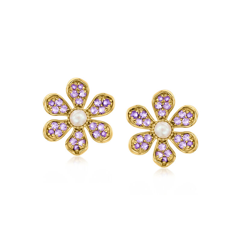 4-4.5mm Cultured Pearl and 1.10 ct. t.w. Amethyst Flower Earrings in 18kt Gold Over Sterling image number 0