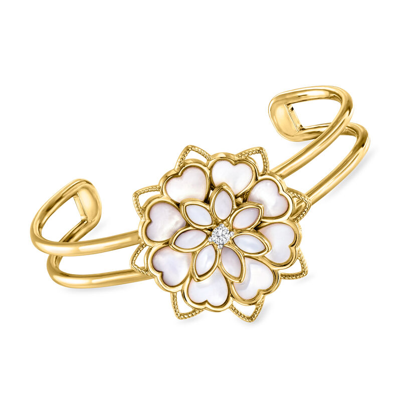 Mother-of-Pearl and .10 Carat White Topaz Cuff Bracelet in 18kt Gold Over Sterling image number 0