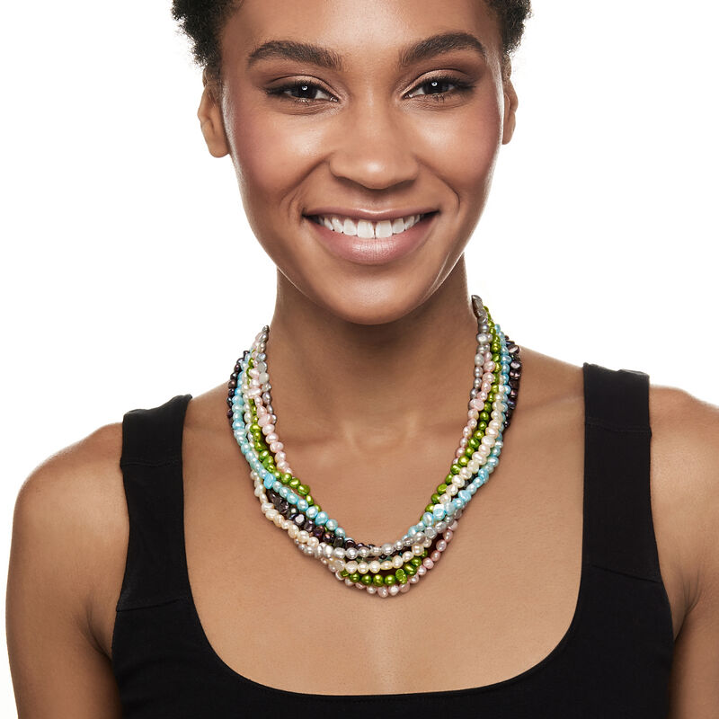 5-7mm Multicolored Cultured Pearl Torsade Necklace with Sterling Silver image number 1