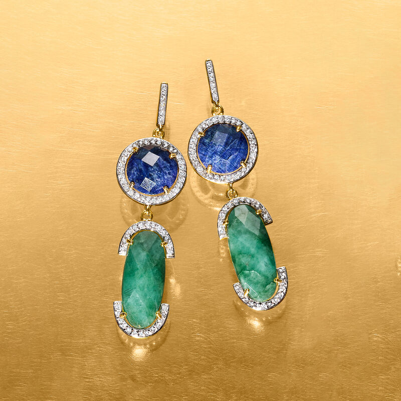 37.00 ct. t.w. Multi-Gemstone and 1.40 ct. t.w. White Topaz Frame Drop Earrings in 18kt Gold Over Sterling image number 2