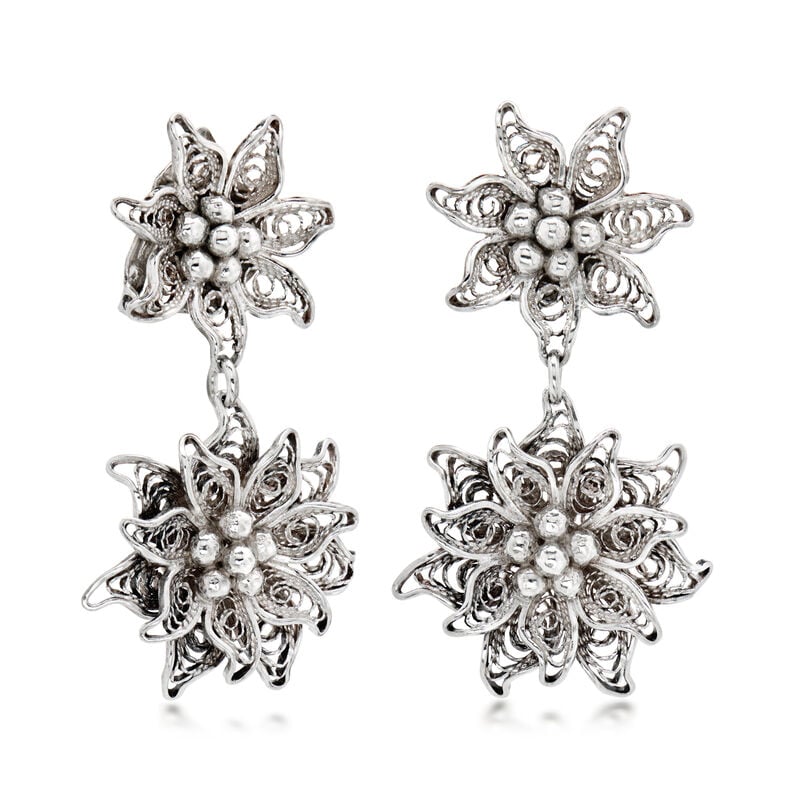 C. 1970 Vintage Sterling Silver Floral Clip-On Drop Earrings image number 0