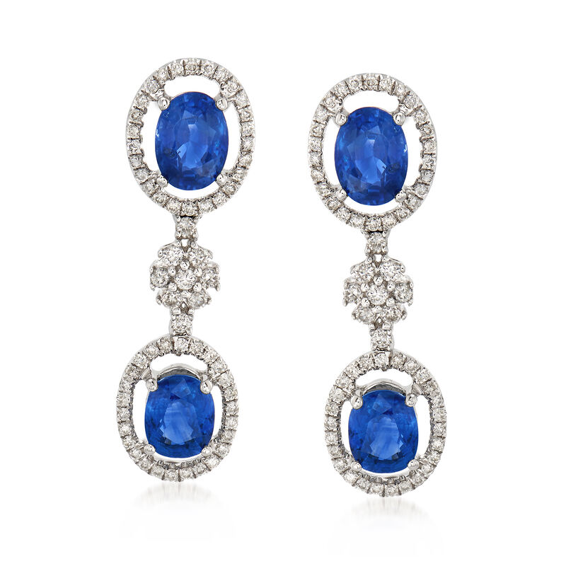 3.40 ct. t.w. Sapphire and .55 ct. t.w. Diamond Drop Earrings in 18kt White Gold image number 0