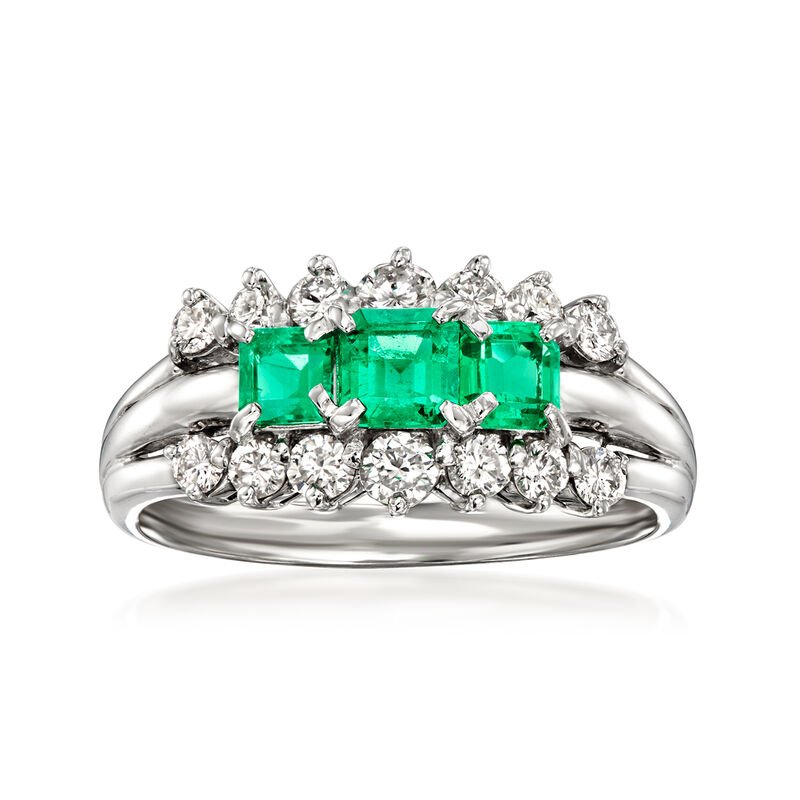 C. 1990 Vintage .68 ct. t.w. Emerald and .58 ct. t.w. Diamond Ring in Platinum. Size 6.5 image number 0