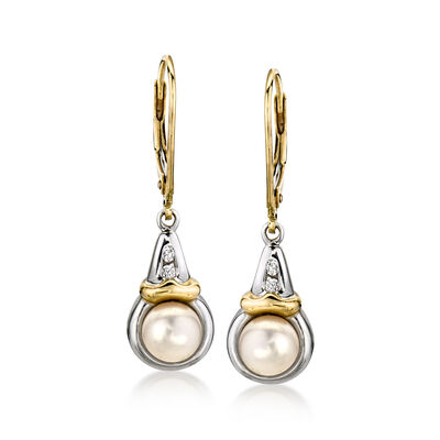 C. 1990 Vintage 6mm Cultured Pearl and .10 ct. t.w. Diamond Drop Earrings in 14kt Two-Tone Gold