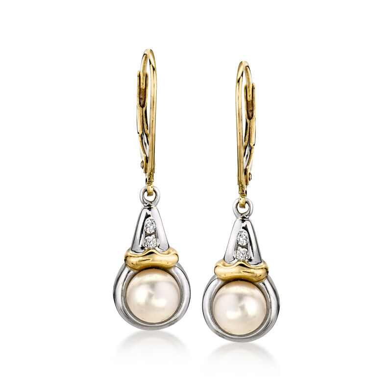 C. 1990 Vintage 6mm Cultured Pearl and .10 ct. t.w. Diamond Drop Earrings in 14kt Two-Tone Gold  image number 0