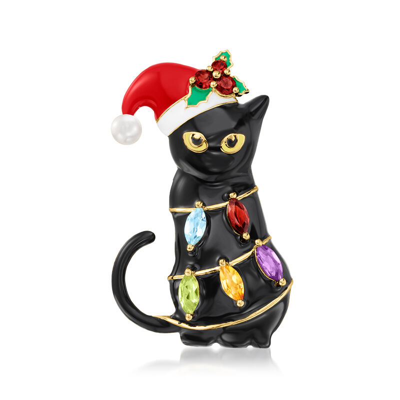 3.5-4mm Cultured Pearl, .60 ct. t.w. Multi-Gemstone and Multicolored Enamel Christmas Cat and Lights Pin/Pendant in 18kt Gold Over Sterling. Pin image number 1