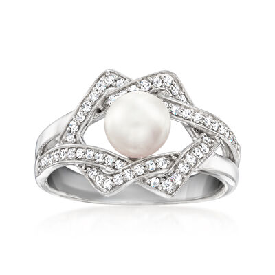 6-6.5mm Cultured Pearl and .25 ct. t.w. Diamond Interlocking Ring in Sterling Silver