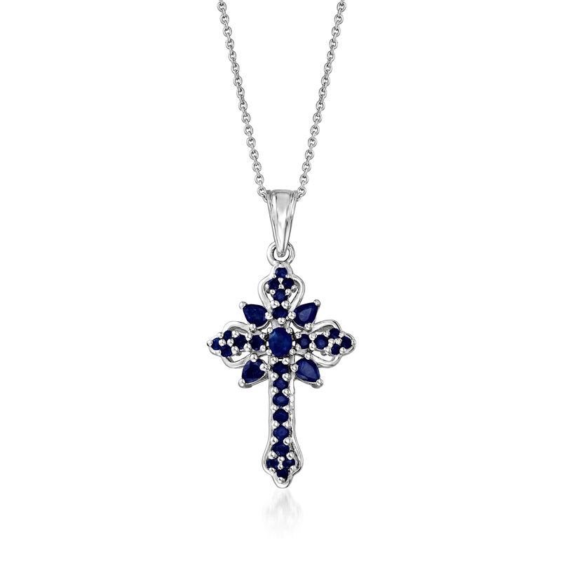 1.42 ct. t.w. Sapphire Cross Pendant Necklace in Sterling Silver. 18&quot; image number 1