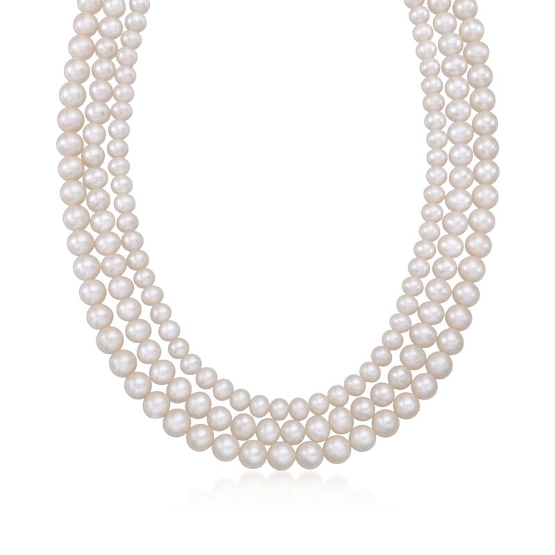 5-8mm Cultured Pearl Three-Strand Necklace with Sterling Silver image number 0