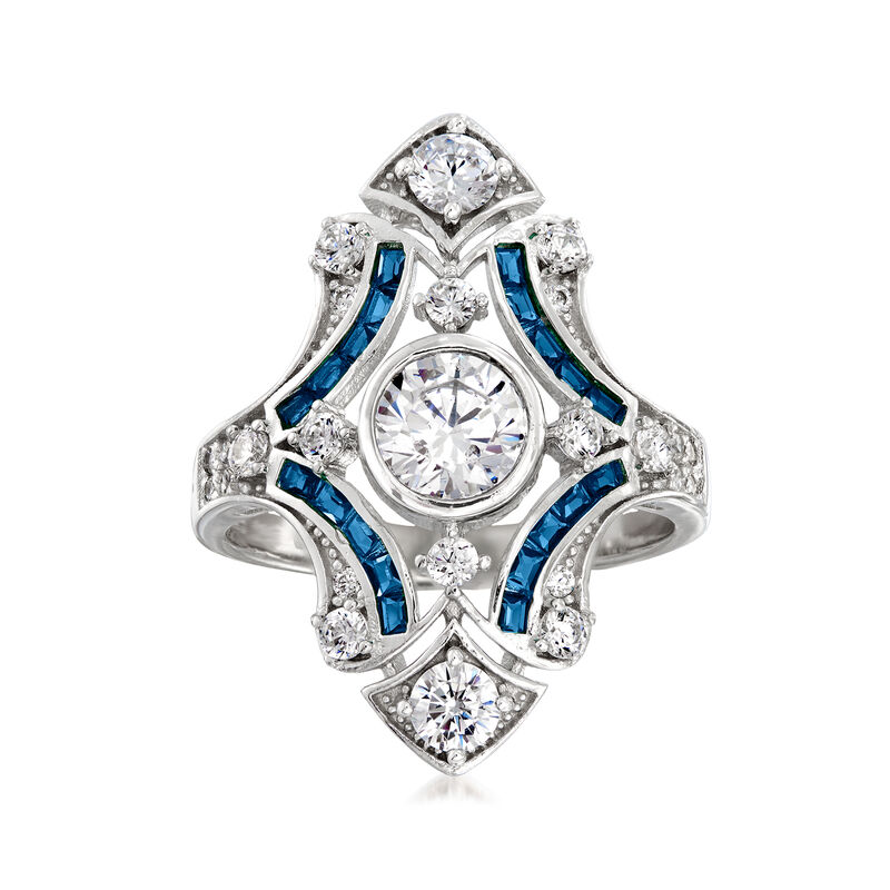 1.55 ct. t.w. CZ and .20 ct. t.w. Simulated Sapphire Ring in Sterling Silver image number 0