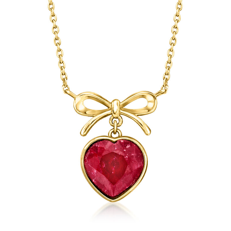 4.80 Carat Bezel-Set Ruby Heart and Bow Necklace in 18kt Gold Over Sterling. 18&quot; image number 1