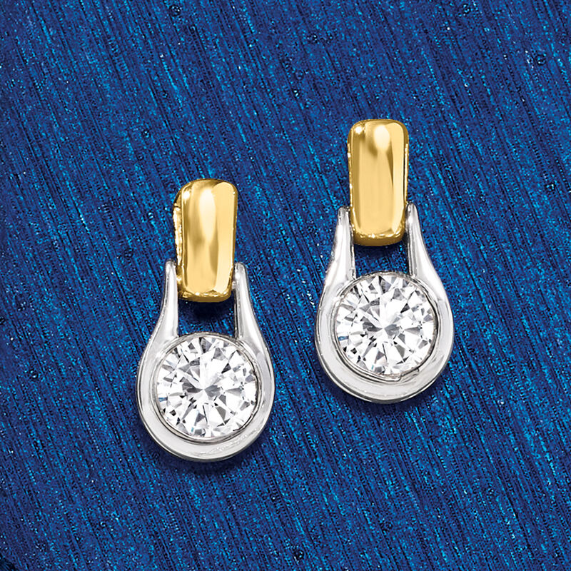 1.00 ct. t.w. Bezel-Set Diamond Drop Earrings in Sterling Silver and 14kt Yellow Gold image number 2