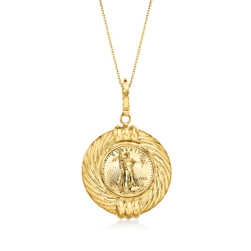 C. 1990 Vintage 14kt and 22kt Yellow Gold Lady Liberty Coin Pendant Necklace image number 0