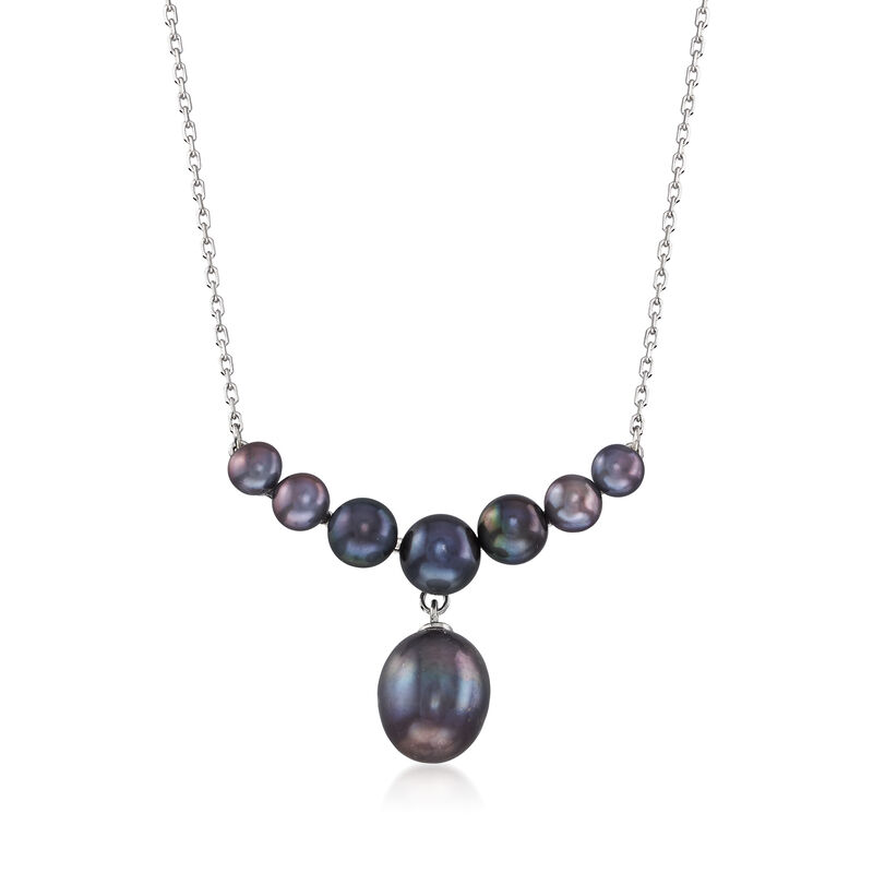 4-9.5mm Black Cultured Pearl Drop Necklace in Sterling Silver image number 0