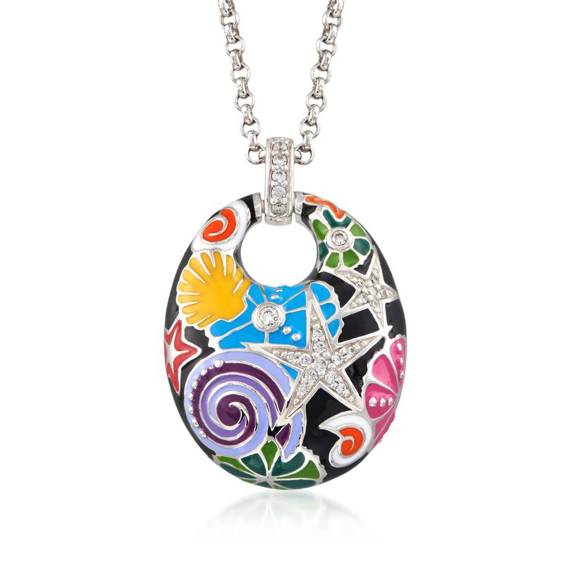 Belle Etoile &quot;Starfish&quot; Black and Multicolored Enamel Pendant with CZs in Sterling Silver image number 0