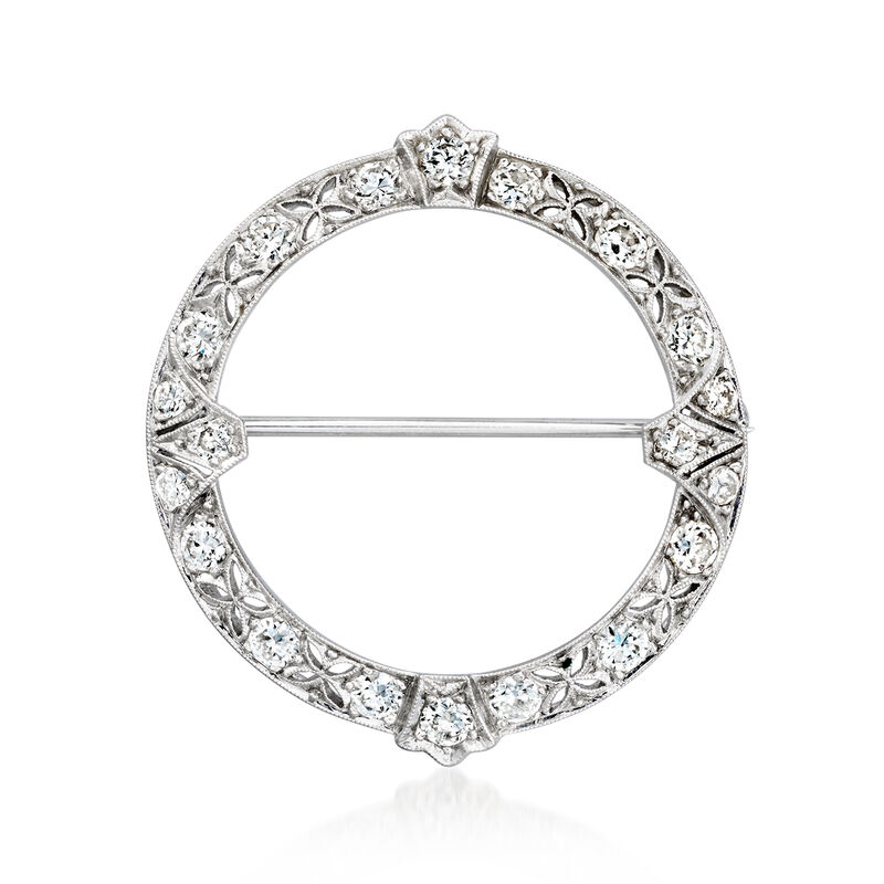 C. 1950 Vintage 1.40 ct. t.w. Diamond Filigree Circle Pin in Platinum image number 0