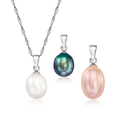 8-9mm Cultured Multicolored Pearl Set: Three Pendants with Necklace in Sterling Silver