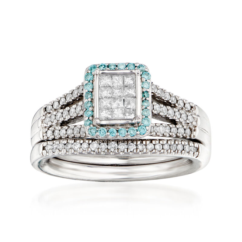 C. 1990 Vintage .70 ct. t.w. Blue and White Diamond Bridal Set: Engagement and Wedding Rings in 10kt White Gold. Size 6.5 image number 0