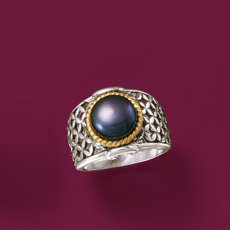 9.5-10mm Black Cultured Button Pearl Ring in Two-Tone Sterling Silver image number 4
