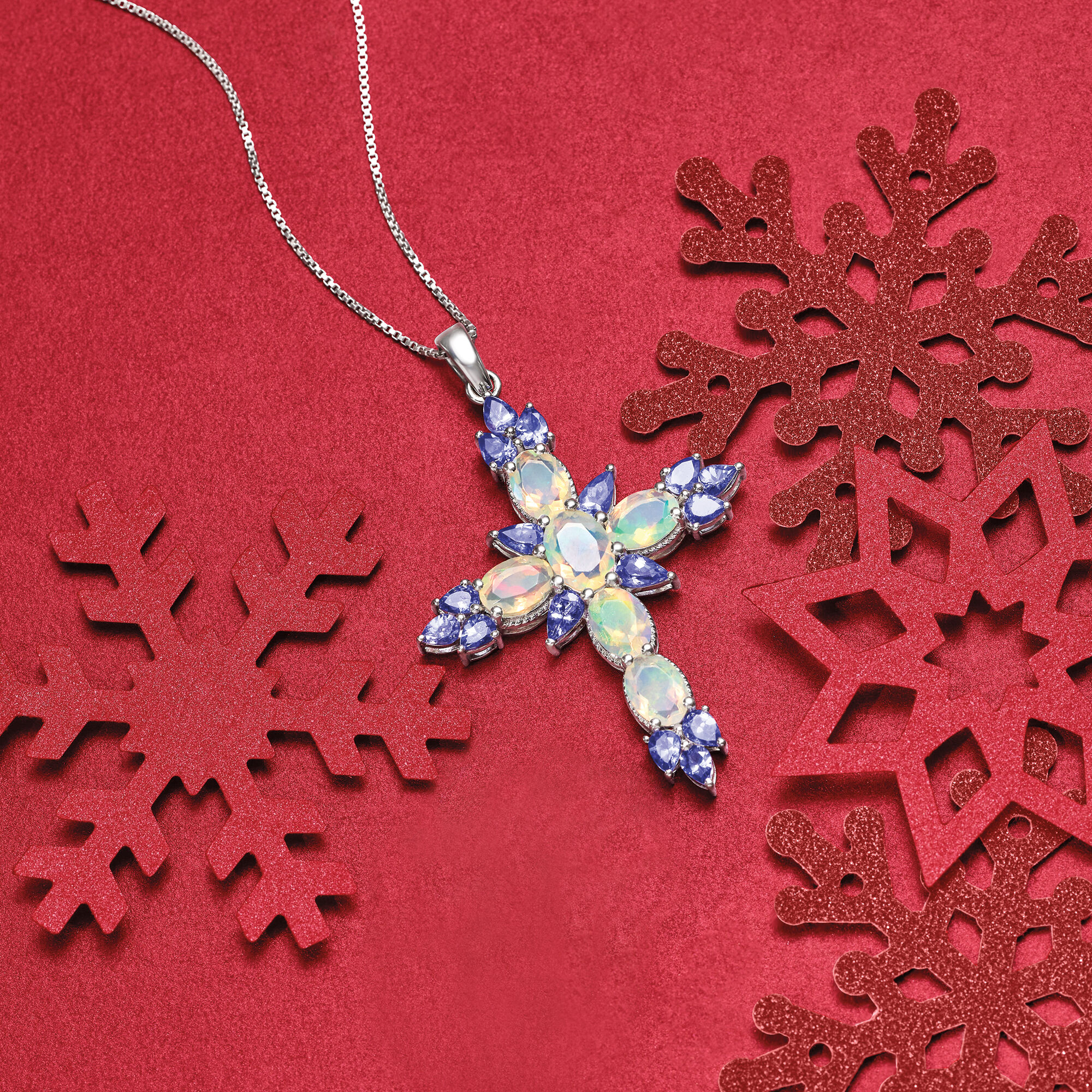 Ethiopian Opal and 1.90 ct. t.w. Tanzanite Cross Pendant Necklace in Sterling Silver