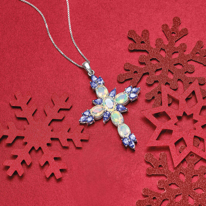 Ethiopian Opal and 1.90 ct. t.w. Tanzanite Cross Pendant Necklace in Sterling Silver image number 2