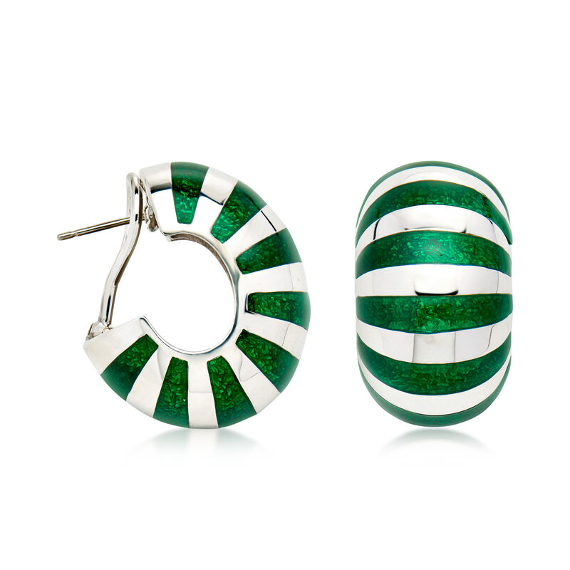 C. 1970 Vintage Tiffany Jewelry Sterling Silver and Green Enamel Striped Earrings image number 2