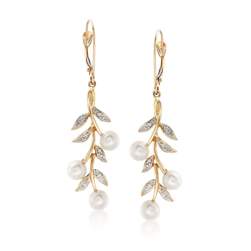 5mm Cultured Pearl and Diamond Leaf Drop Earrings in 14kt Yellow Gold  image number 0