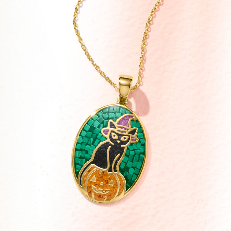 Malachite, Onyx, Carnelian and 1.00 ct. t.w. Amethyst Halloween Cat Mosaic Inlay Pendant Necklace in 18kt Gold Over Sterling. 18&quot; image number 2