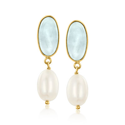 7.5-8mm Cultured Pearl and 7.75 ct. t.w. Milky Aquamarine Drop Earrings in 18kt Gold Over Sterling