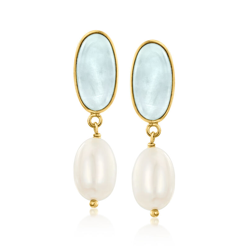 7.5-8mm Cultured Pearl and 7.75 ct. t.w. Milky Aquamarine Drop Earrings in 18kt Gold Over Sterling image number 0