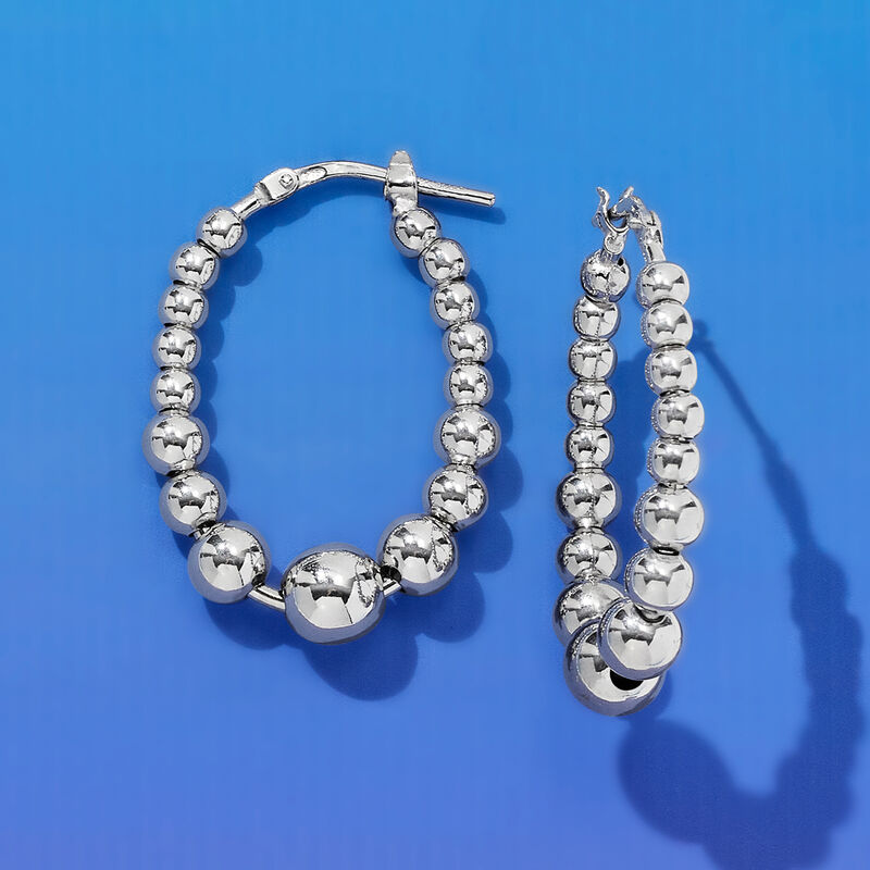 Italian 3-6mm Sterling Silver Bead Oval Hoop Earrings. 1 1/8&quot; image number 3