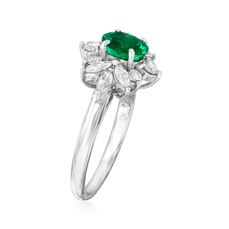 C. 1980 Vintage .79 Carat Emerald and .58 ct. t.w. Diamond Ring in Platinum image number 2