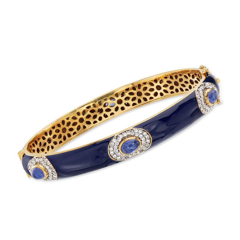 3.70 ct. t.w. Tanzanite and 1.60 ct. t.w. White Zircon Bangle Bracelet with Blue Enamel in 18kt Gold Over Sterling. 7.5&quot; image number 0