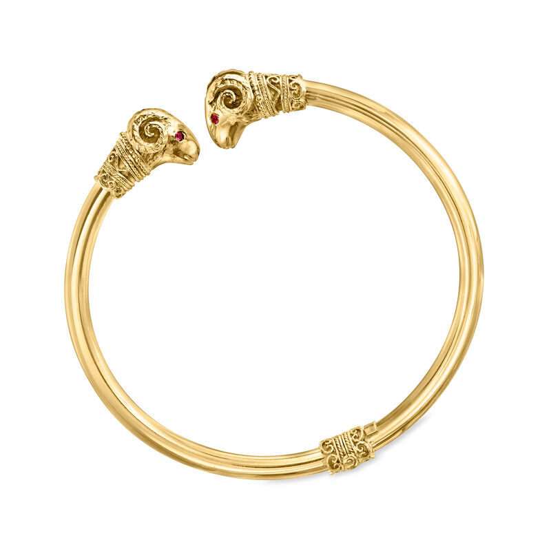 C. 1970 Vintage 18kt Yellow Gold Double Ram Head Cuff Bracelet with Pink Sapphire Accents. 7&quot; image number 3