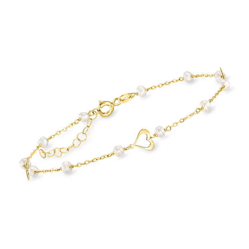 Italian 3-3.5mm Cultured Pearl and Heart Station Bracelet in 10kt Yellow Gold. 7" image number 0