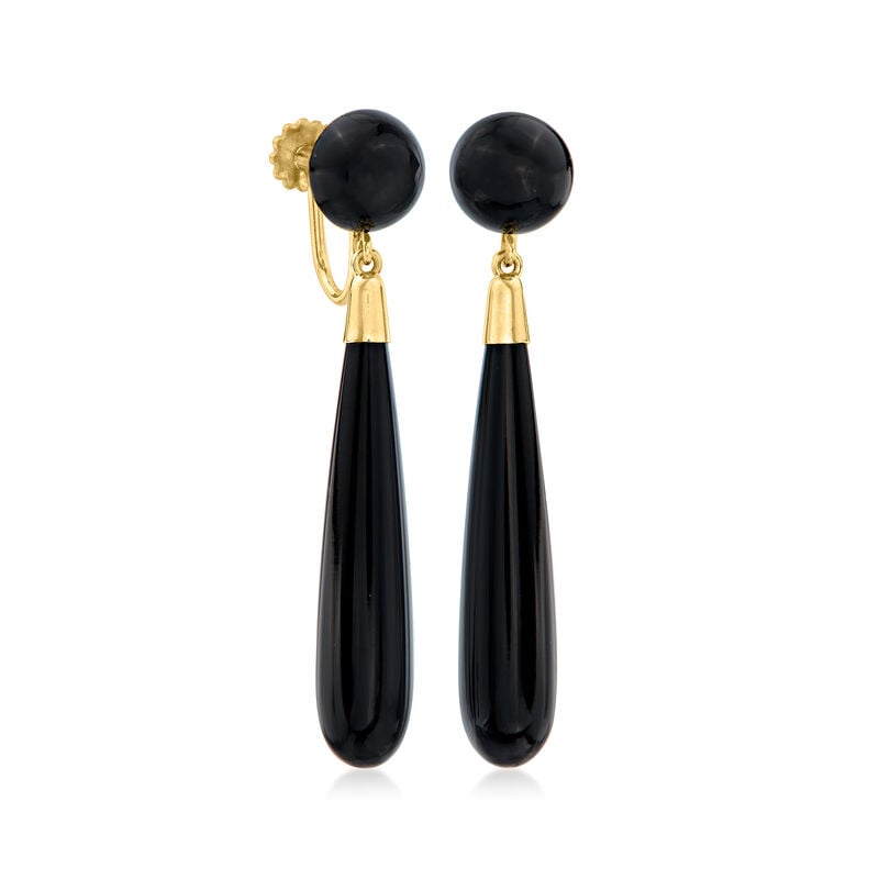 C. 1900 Vintage Black Onyx Teardrop Earrings in 14kt Yellow Gold image number 2