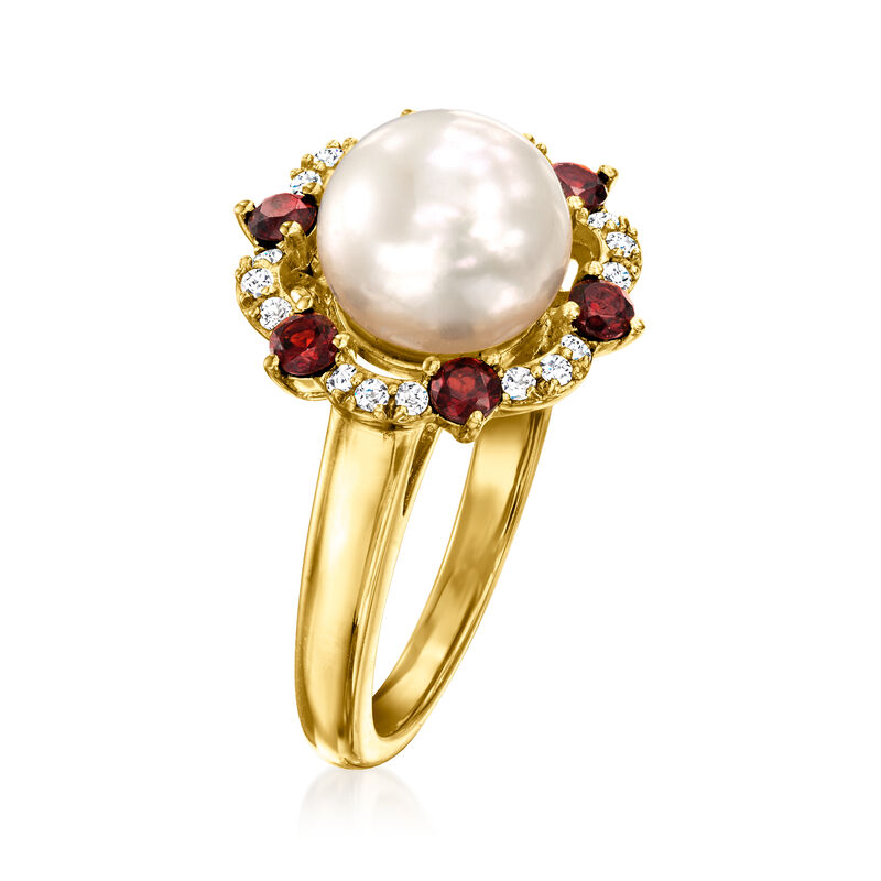 9-9.5mm Cultured Pearl and .40 ct. t.w. Garnet Ring with .10 ct. t.w. White Topaz in 18kt Gold Over Sterling image number 2