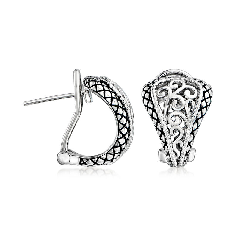 Andrea Candela &quot;Pasion De Plata&quot; Sterling Silver Filigree C-Hoop Earrings with Black Enamel image number 2