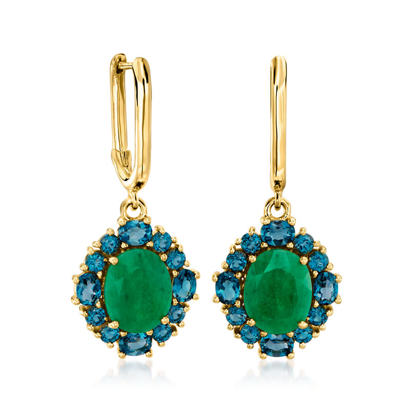 5.50 ct. t.w. Emerald and 2.80 ct. t.w. London Blue Topaz Drop Earrings in 18kt Gold Over Sterling  image number 2