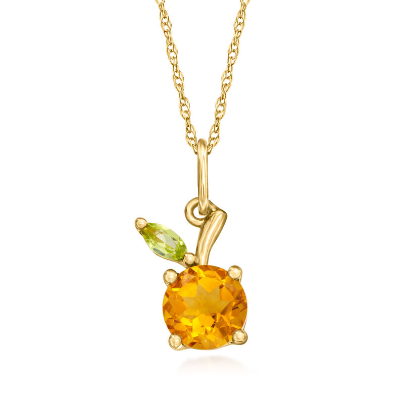 .70 Carat Citrine Peach Pendant Necklace with Peridot Accent in 14kt Yellow Gold. 18&quot; image number 0