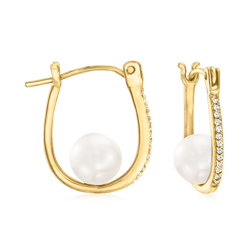 6mm Cultured Pearl Huggie Hoop Earrings with Diamond Accents in
