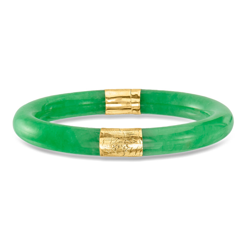 C. 1980 Vintage Carved Jade Bangle Bracelet with 14kt Yellow Gold. 8" image number 0