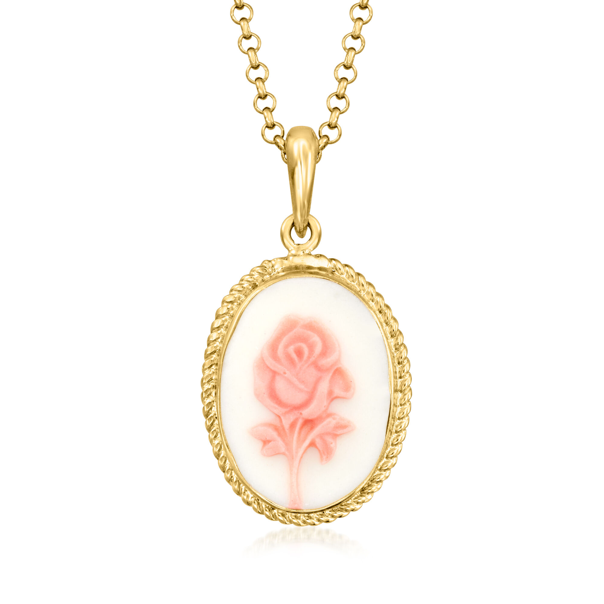 Italian Porcelain Rose Cameo Pendant Necklace in 18kt Gold Over