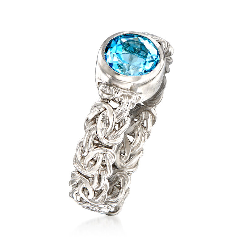 1.00 Carat Bezel-Set Swiss Blue Topaz Byzantine Ring in Sterling Silver image number 2